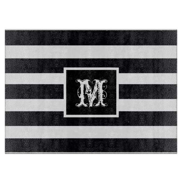 Planche À Découper Monogramme moderne Elegant Noir & Blanc Bande (Devant)