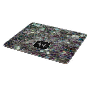 Planche À Découper Monogramme mosaïque argentée colorée scintillante
