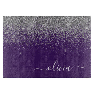 Planche À Découper Monogramme Nom Paillettes Argent Violet Féminin