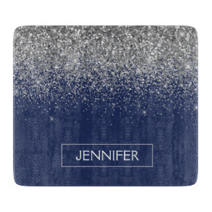 Planche À Découper Monogramme Nom Paillettes Bleu Marine Argenté Fill