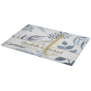Planche À Découper Monogramme or Azure Blue Botanical Feuille Mariage