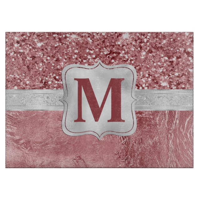 Planche À Découper Monogramme pailleté et feuille rose glamour (Devant)