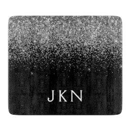 Planche À Découper Monogramme Pailleté Noir Argent Initiales Nom Fémi