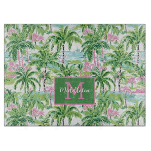 Planche À Découper Monogramme Palmiers Tropicaux Rose et Vert Prépa