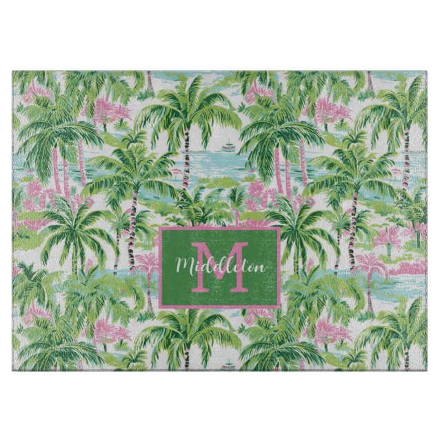 Planche À Découper Monogramme Palmiers Tropicaux Rose et Vert Prépa (Devant)