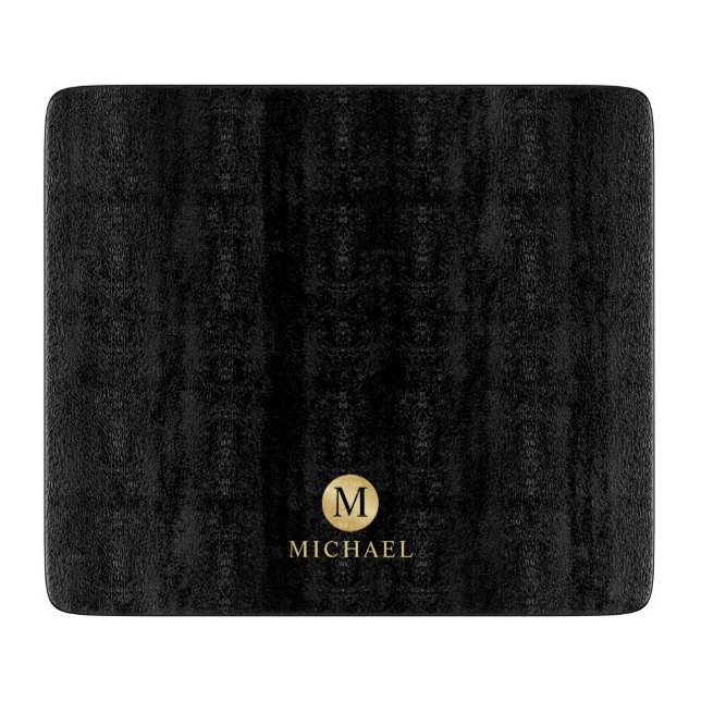 Planche À Découper Monogramme personnalisé de luxe noir et or (Devant)