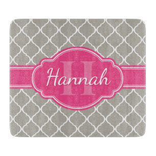 Planche À Découper Monogramme rose Motif en lattice blanc gris