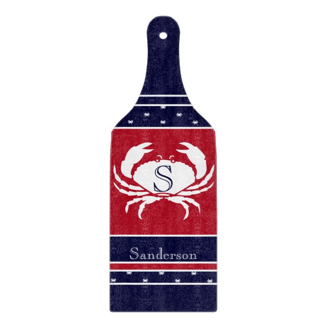 Planche À Découper Monogramme Rouge Blanc Marine Bleu Crabe Nautique (Devant)