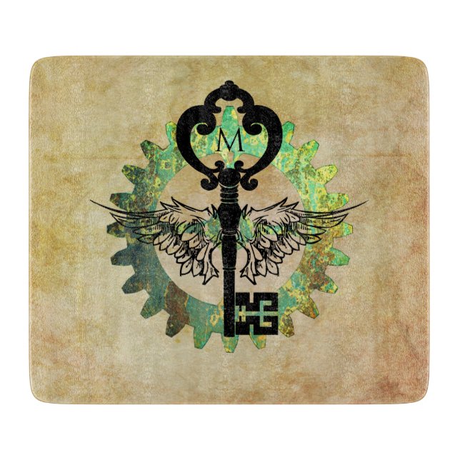 Planche À Découper Monogramme Steampunk clé aile Roue rouille (Devant)