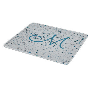 Planche À Découper Monogramme Terrazzo Turquoise Bleu Vert Blanc Gris
