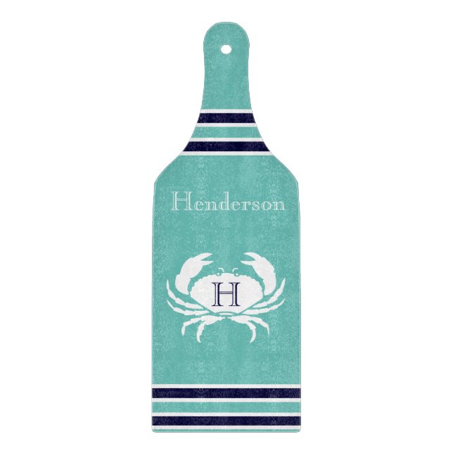 Planche À Découper Monogramme Turquoise Blanc Marine Bleu Crabe Nauti (Devant)
