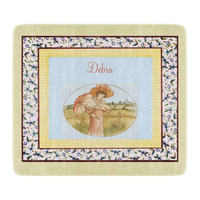 Planche À Découper Monogramme vintage bleu rose et jaune fille (Devant)