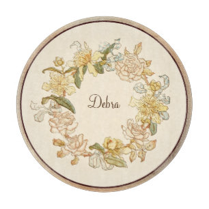 Planche À Découper Monogramme vintage Fleurs roses et jaunes