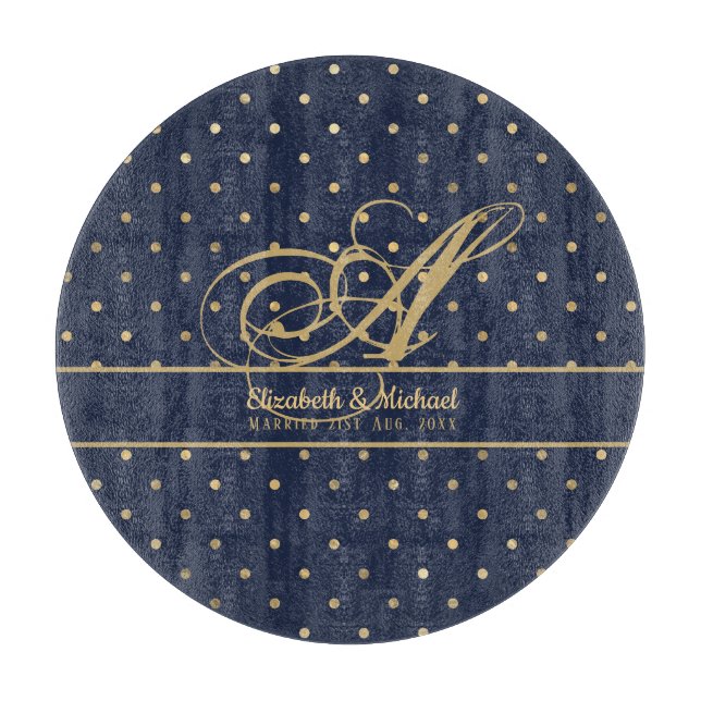 Planche À Découper Monorgam Navy Blue Gold Polkadot Newlywes Mariage (Devant)