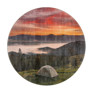 Planche À Découper Montagnes   Camping Foggy Sunrise