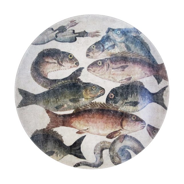 PLANCHE À DÉCOUPER MOSAÏQUES ROMAINES ANTIQUES, POISSONS, ESPACE DE V (Devant)