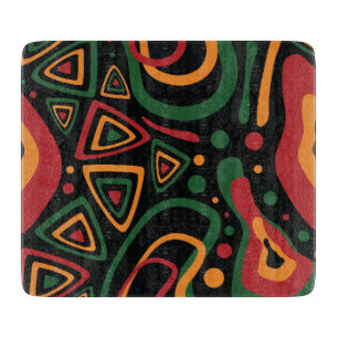 Planche À Découper Motif Abstrait de Formes Tribales en Rouge, Or, Ve