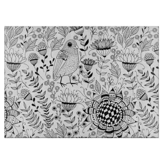Planche À Découper Motif de doodle d'oiseaux et de fleurs (Devant)