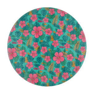 Planche À Découper Motif de feuilles de palmier et d'hibiscus tropica