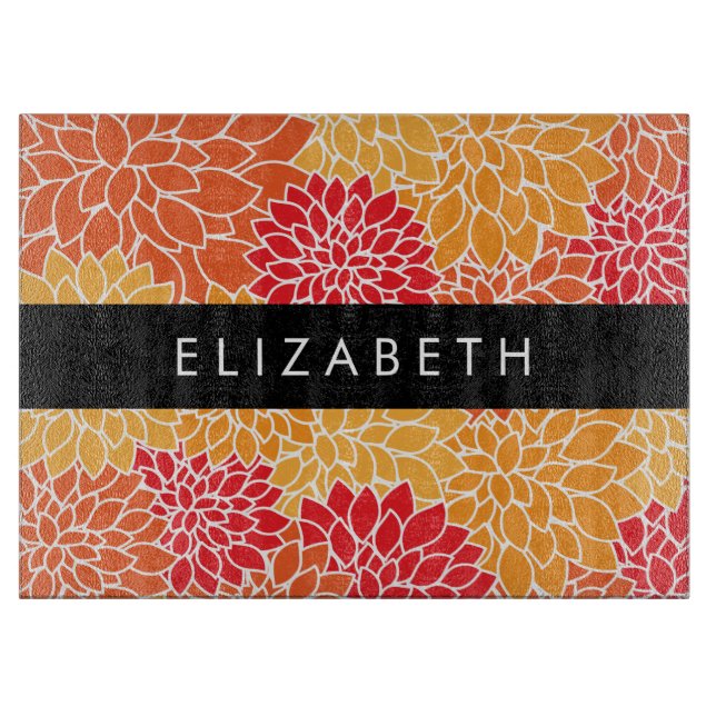 Planche À Découper Motif De Fleurs, Orange Dahlia, Votre Nom (Devant)
