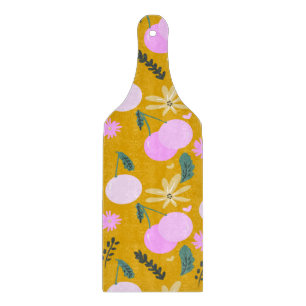 Planche À Découper Motif de verdure florale cerise rose jaune