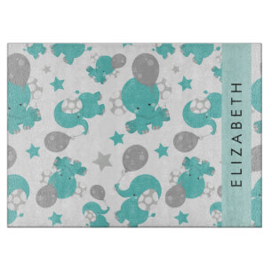 Planche À Découper Motif Des Eléphants Bleus, Étoiles, Votre Nom