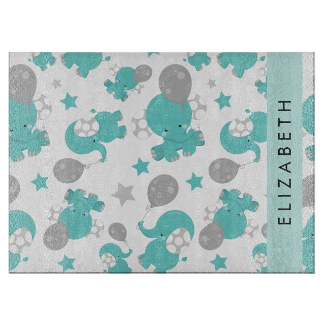 Planche À Découper Motif Des Eléphants Bleus, Étoiles, Votre Nom (Devant)