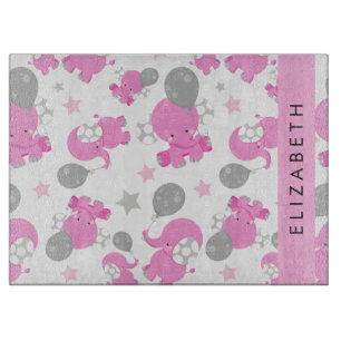 Planche À Découper Motif Des Eléphants Roses, Étoiles, Votre Nom