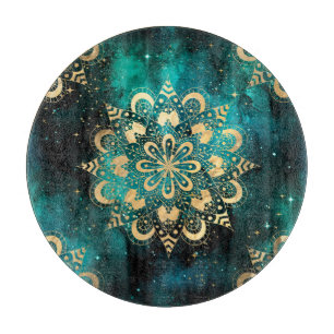 Planche À Découper Motif du Mandala Dharma de la Galaxie Or et Vert