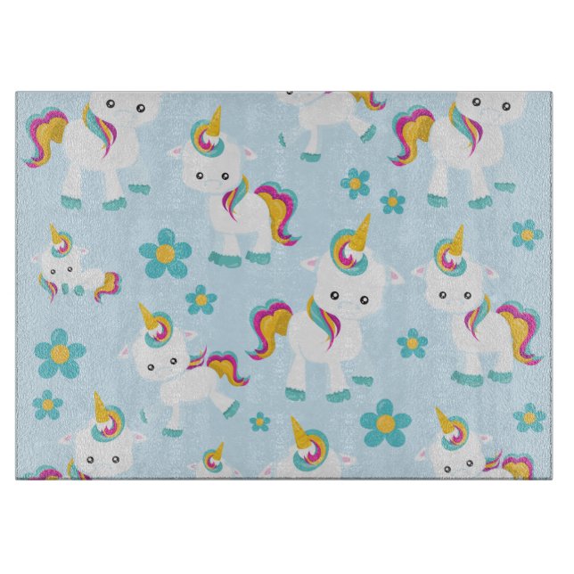 Planche À Découper Motif D'Unicornes, De Mignons Unicornes, Fleurs (Devant)