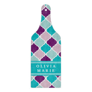 Planche À Découper Motif en treillis violet et turquoise avec nom