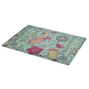 Planche À Découper Motif floral de bande dessinée avec des oiseaux
