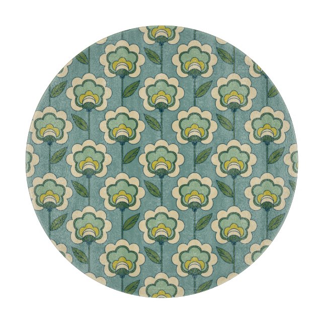 Planche À Découper Motif floral turquoise et jaune (Devant)