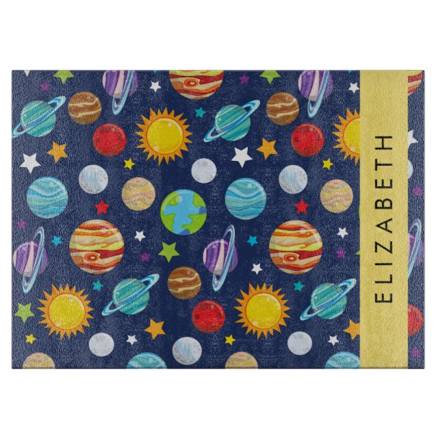 Planche À Découper Motif, Planètes, Étoiles, Cosmos, Votre Nom (Devant)
