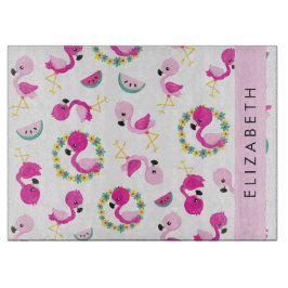 Planche À Découper Motif tropical, Flamants roses, Fleurs, Votre Nom