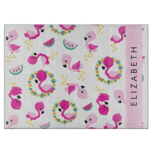 Planche À Découper Motif tropical, Flamants roses, Fleurs, Votre Nom