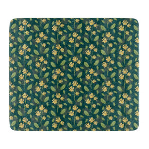 Planche À Découper Motif vert vibrant avec fleurs et feuilles jaunes
