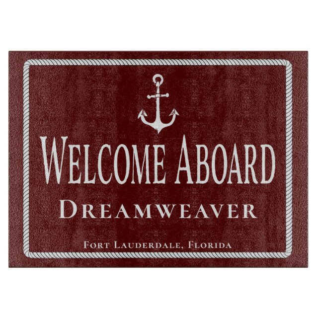 Planche À Découper Nautical Red Welcome Aboard Nom du bateau (Devant)