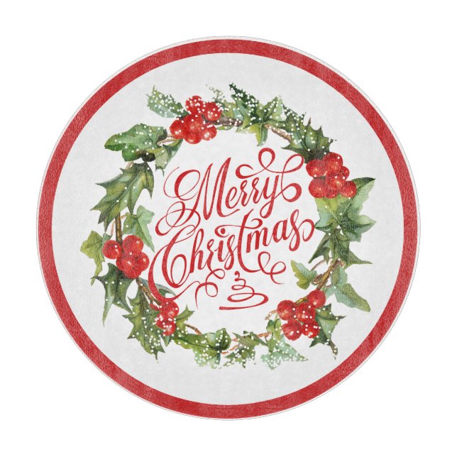 Planche À Découper Noël Red Green Wreath Holly Ivy Typographie (Devant)