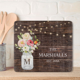 Planche À Découper Nom de famille Monogramme Fleur Jar Mason Rustique
