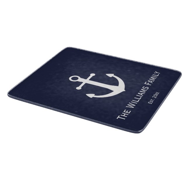 Planche À Découper Nom de famille sur bleu marine et blanc (Coin)