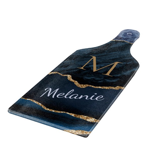 Planche À Découper Nom du monogramme Agate Bleu Bleu Marbre Coupe (Coin)