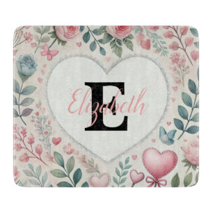 Planche À Découper Nom monogrammé cœurs floraux aquarelle vintage
