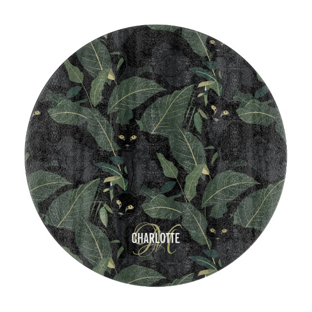 Planche À Découper Nom monogramme du motif de panthère noire moderne (Devant)