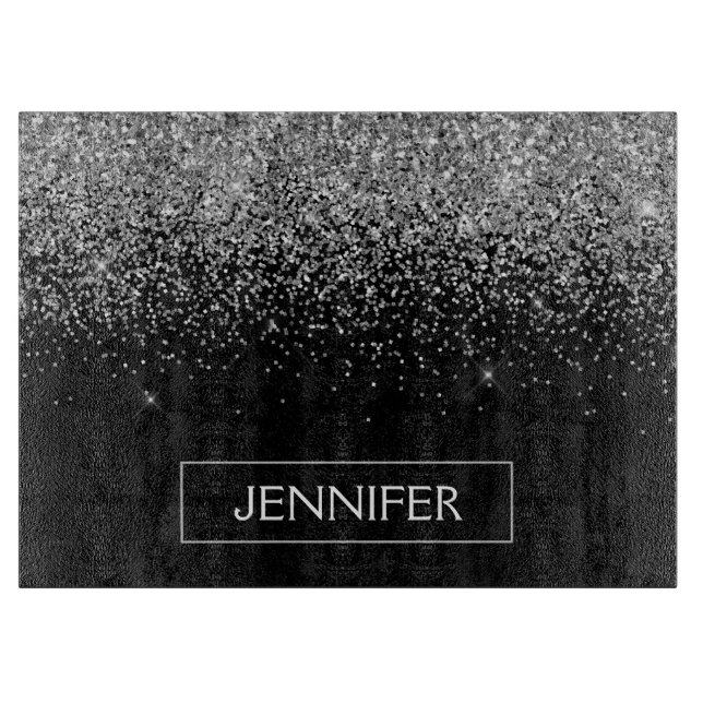 Planche À Découper Nom Monogramme Pailleté Noir Argenté Féminin (Devant)