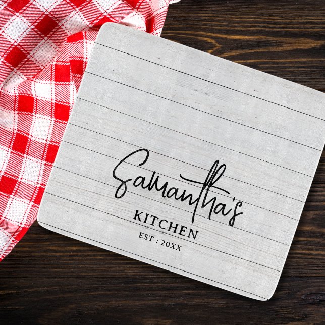 Planche À Découper Nom personnalisé Grey Wood Farmhouse Cuisine (Créateur téléchargé)