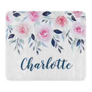 Planche À Découper Nom personnalisé par aquarelle rose florale de