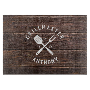 Planche À Découper Nom personnalisé Retro GRILLMASTER Rustic Dark Woo
