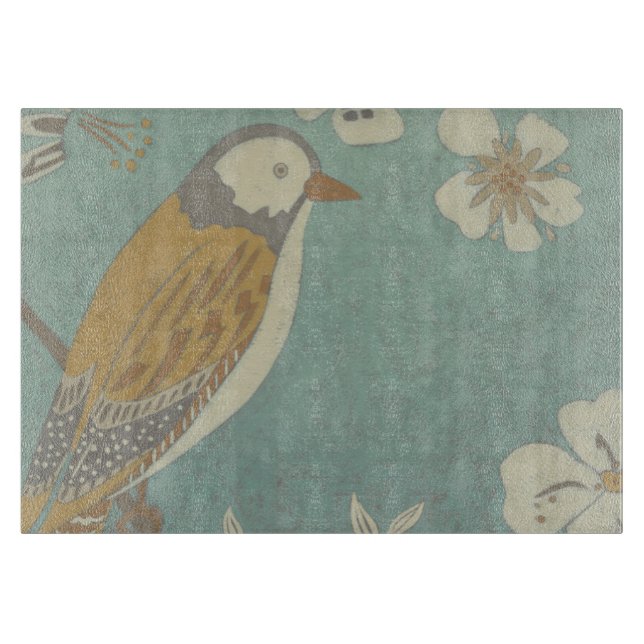 Planche À Découper Oiseau jaune, gris et beige perché sur une branche (Devant)