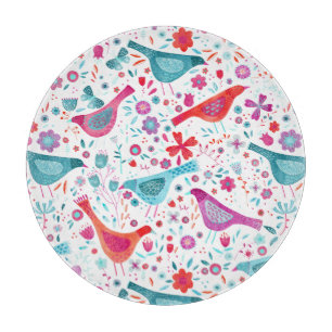 Planche À Découper Oiseaux d'aquarelle dans un jardin de fleurs peint